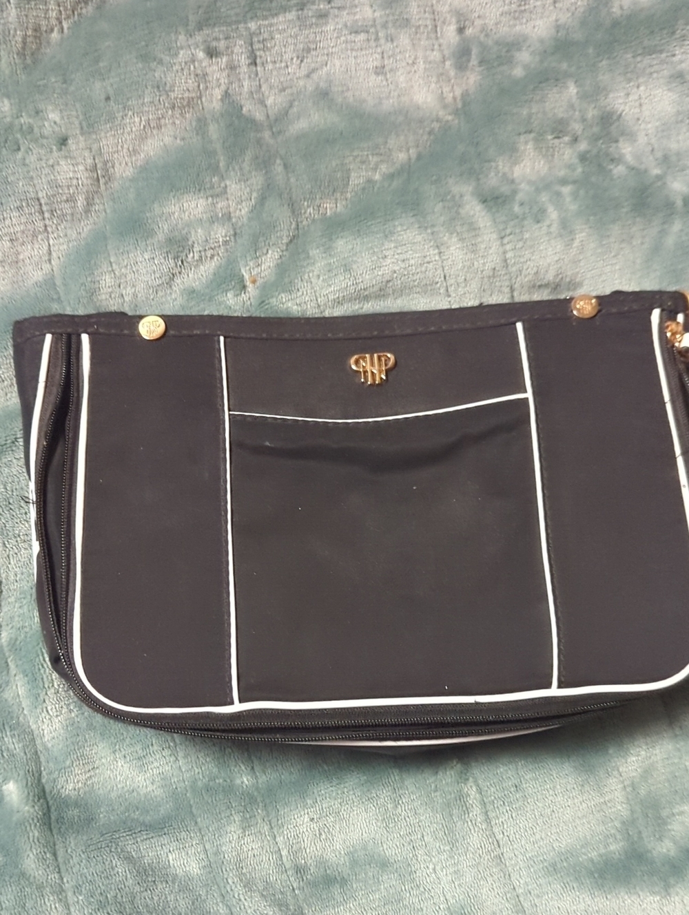 20-Black Women’s Clutch with White Piping and Gold Accent. Pre-loved